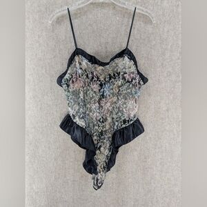 Victoria's Secret Vintage Floral Lace Teddy with Black Satin Trim Accent, Size M